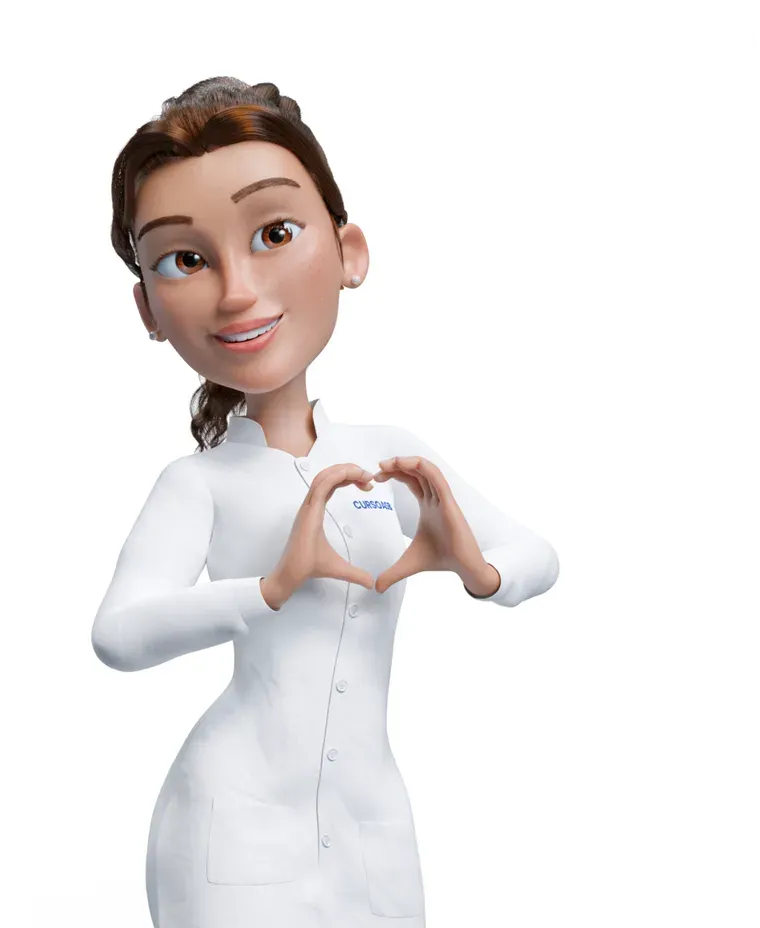 Mari, a assistente virtual do Curso TSB, de jaleco branco, fazendo um coração com as mãos